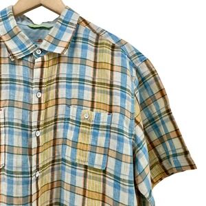 Tommy Bahama Relax Mens XL Linen Cotton Plaid Short Sleeve Button Up Shirt Blue